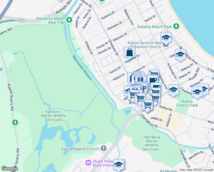 map of restaurants, bars, coffee shops, grocery stores, and more near 309 Kihapai Street in Kailua