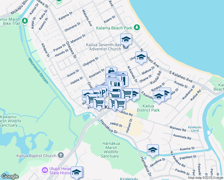 map of restaurants, bars, coffee shops, grocery stores, and more near 354 Uluniu Street in Kailua
