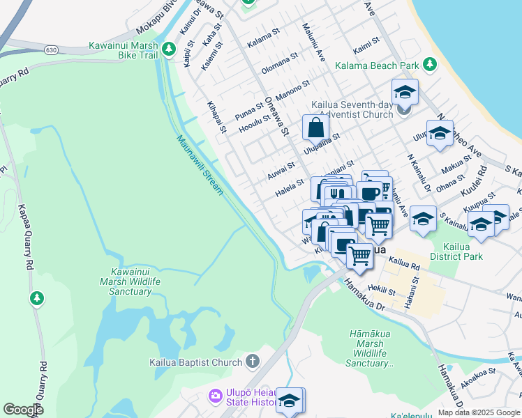 map of restaurants, bars, coffee shops, grocery stores, and more near 309 Kihapai Street in Kailua