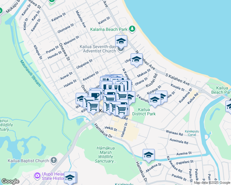 map of restaurants, bars, coffee shops, grocery stores, and more near 54 Maluniu Avenue in Kailua