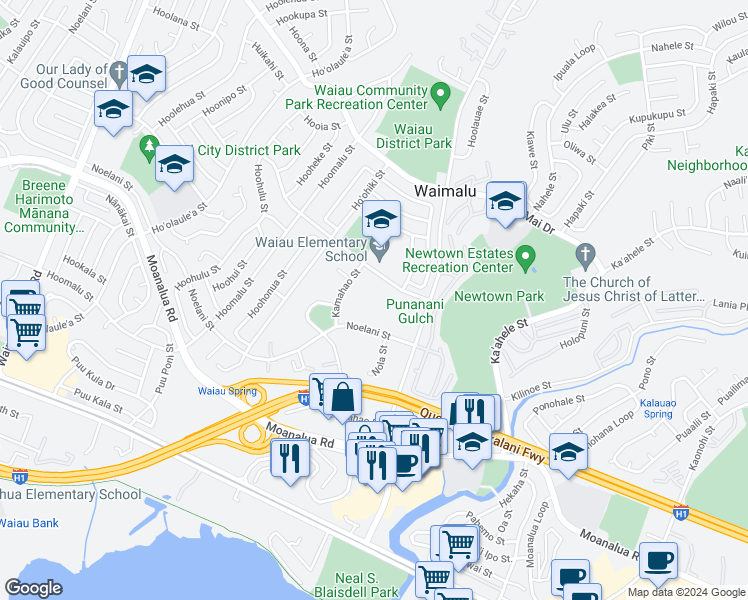 map of restaurants, bars, coffee shops, grocery stores, and more near 98-459 Hookanike Street in Pearl City