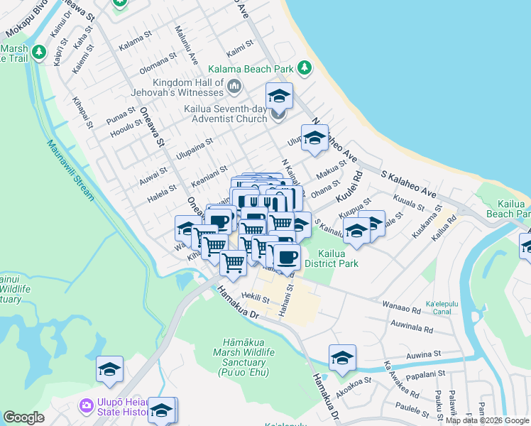 map of restaurants, bars, coffee shops, grocery stores, and more near 54 Maluniu Avenue in Kailua