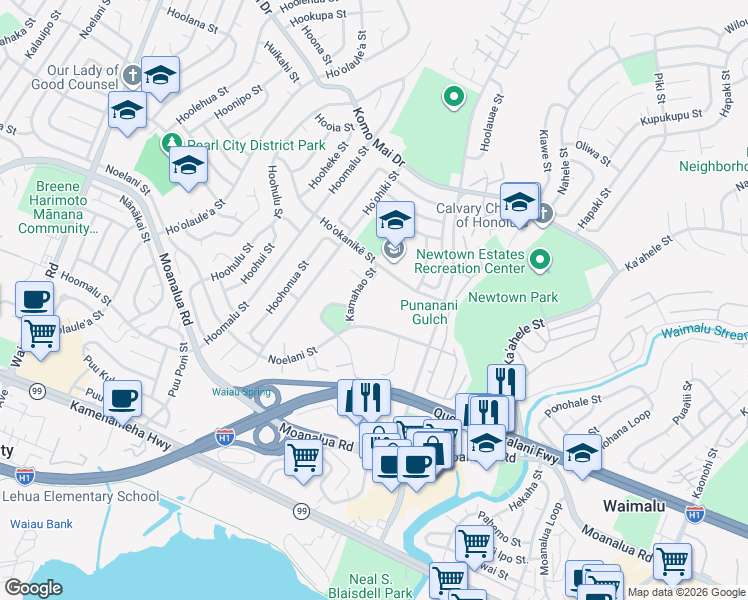 map of restaurants, bars, coffee shops, grocery stores, and more near 98-1425 Kamahao Street in Pearl City
