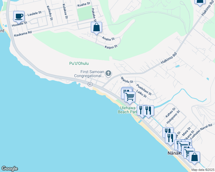 map of restaurants, bars, coffee shops, grocery stores, and more near 87-1485 Akowai Road in Waianae
