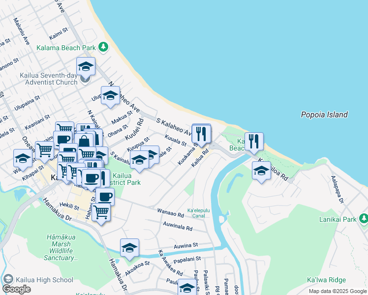 map of restaurants, bars, coffee shops, grocery stores, and more near 166 Kuuala Street in Kailua