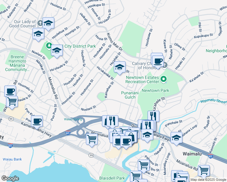map of restaurants, bars, coffee shops, grocery stores, and more near 98-1425 Kamahao Street in Pearl City