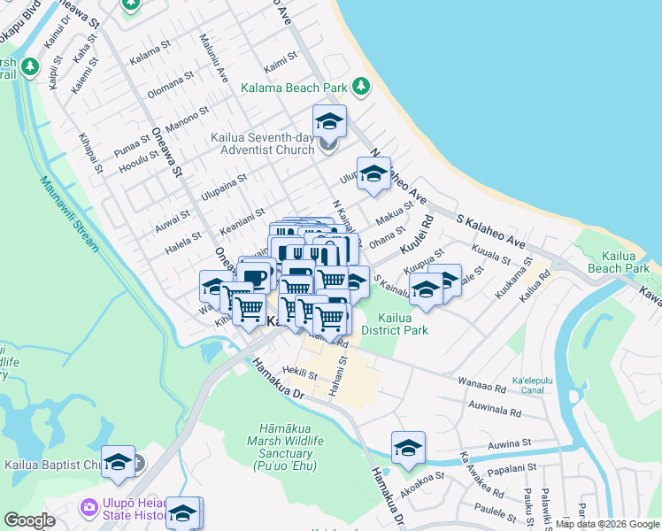 map of restaurants, bars, coffee shops, grocery stores, and more near 36 Maluniu Avenue in Kailua