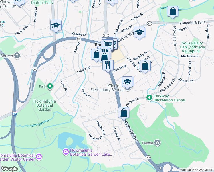 map of restaurants, bars, coffee shops, grocery stores, and more near 45-520 Kuuipo Place in Kaneohe