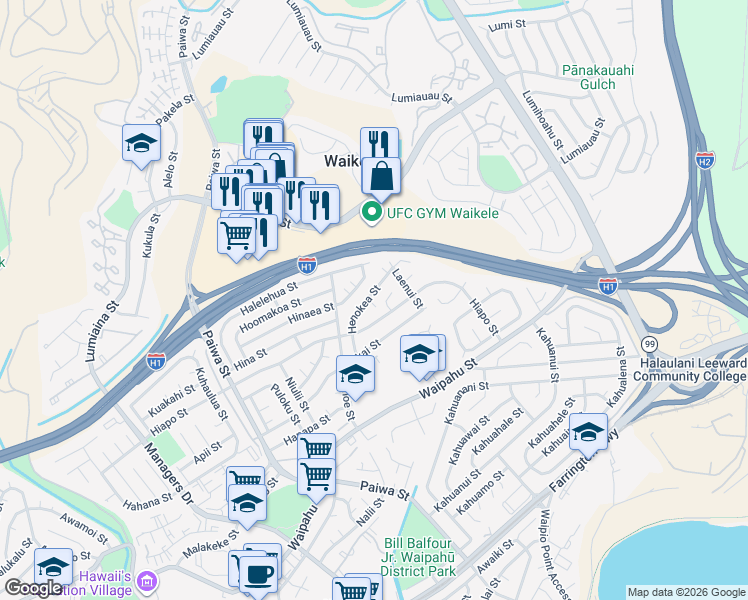 map of restaurants, bars, coffee shops, grocery stores, and more near 94-1229 Hinaea Street in Waipahu