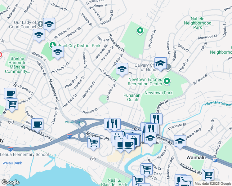 map of restaurants, bars, coffee shops, grocery stores, and more near 98-833 Noelani Street in Pearl City