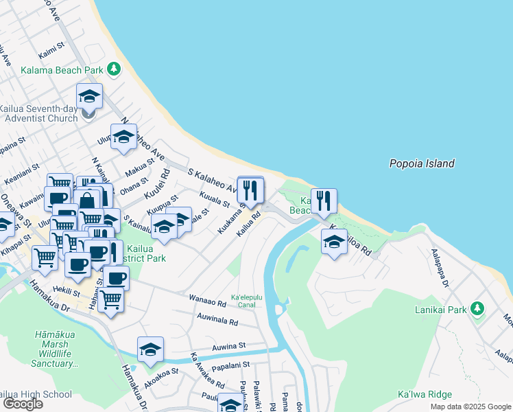 map of restaurants, bars, coffee shops, grocery stores, and more near 247 South Kalaheo Avenue in Kailua