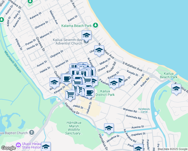 map of restaurants, bars, coffee shops, grocery stores, and more near 19 North Kainalu Drive in Kailua