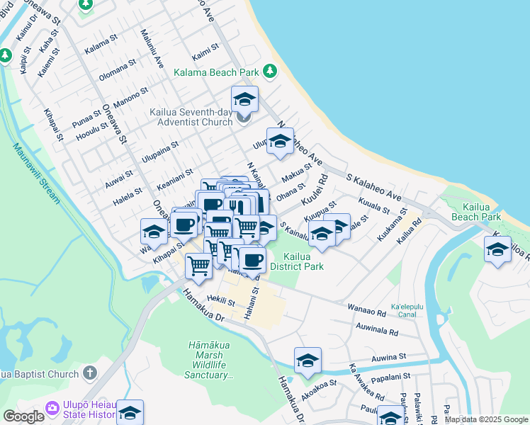 map of restaurants, bars, coffee shops, grocery stores, and more near 19 North Kainalu Drive in Kailua