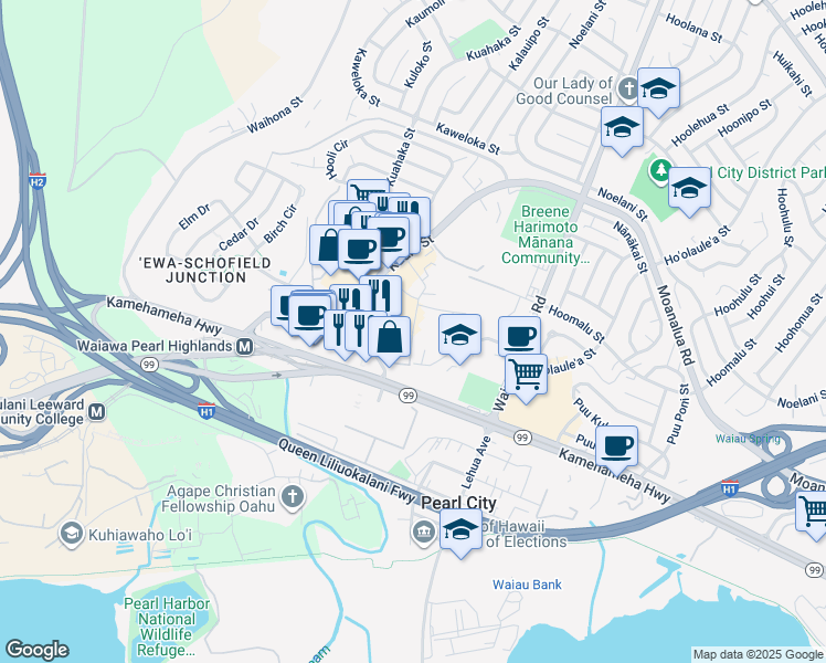 map of restaurants, bars, coffee shops, grocery stores, and more near in Pearl City