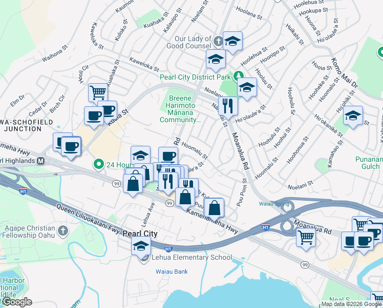 map of restaurants, bars, coffee shops, grocery stores, and more near 824 Hoomalu Street in Pearl City