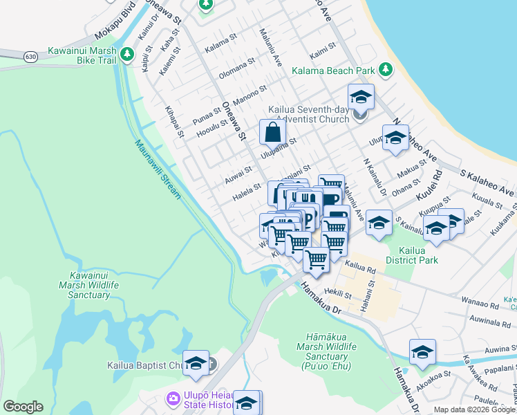map of restaurants, bars, coffee shops, grocery stores, and more near 548 Kipuka Place in Kailua