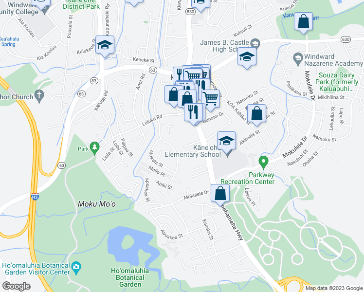 map of restaurants, bars, coffee shops, grocery stores, and more near 45-553 Kuuipo Place in Kaneohe