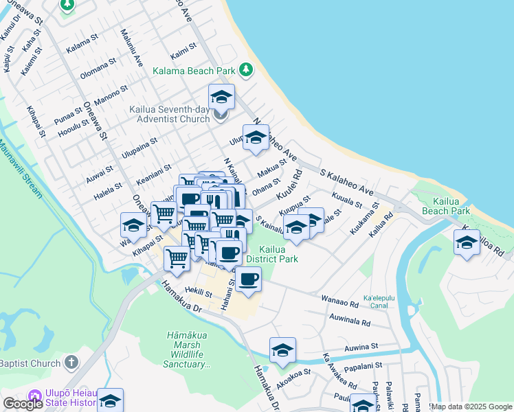 map of restaurants, bars, coffee shops, grocery stores, and more near 176 Kuulei Road in Kailua
