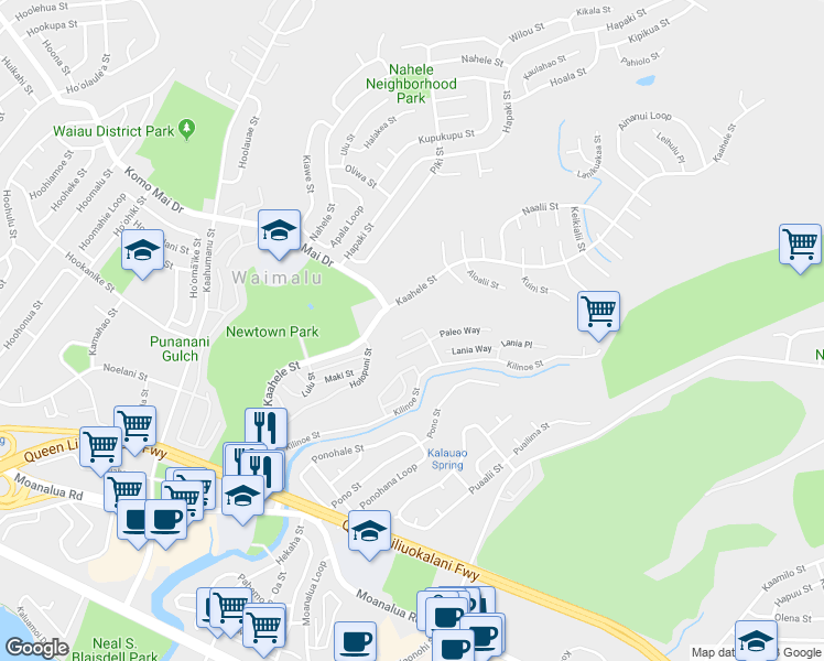 map of restaurants, bars, coffee shops, grocery stores, and more near 98-331 Kilihe Way in Aiea