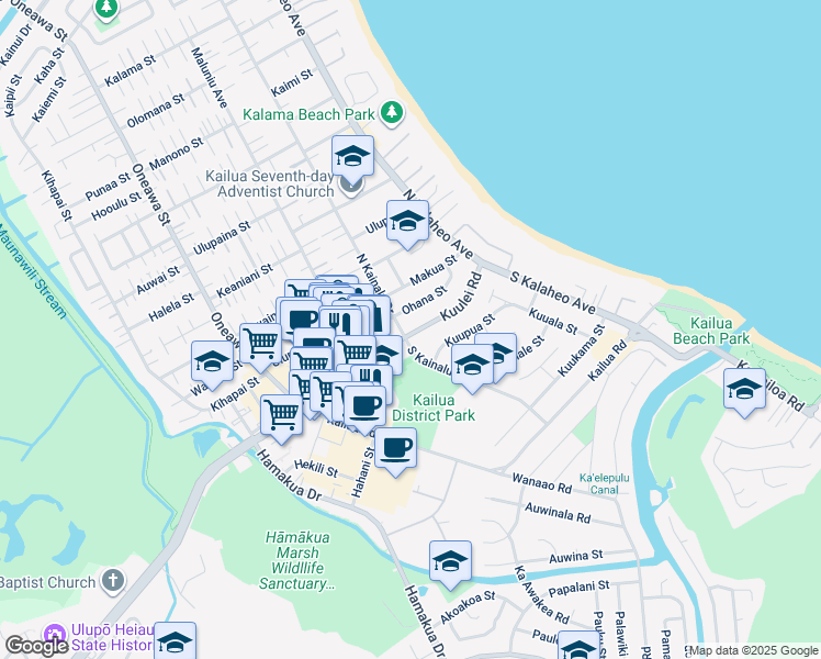 map of restaurants, bars, coffee shops, grocery stores, and more near 176 Kuulei Road in Kailua