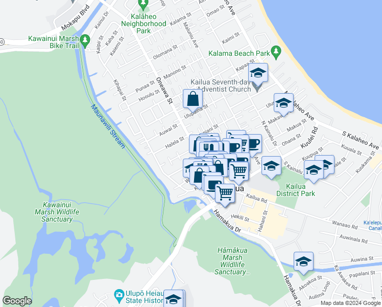 map of restaurants, bars, coffee shops, grocery stores, and more near 528 Kipuka Place in Kailua
