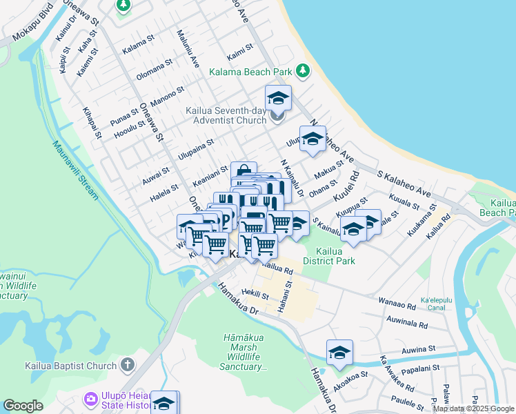 map of restaurants, bars, coffee shops, grocery stores, and more near 331C Kawainui Street in Kailua
