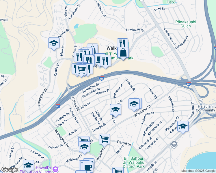 map of restaurants, bars, coffee shops, grocery stores, and more near 94-1195 Hoomakoa Street in Waipahu