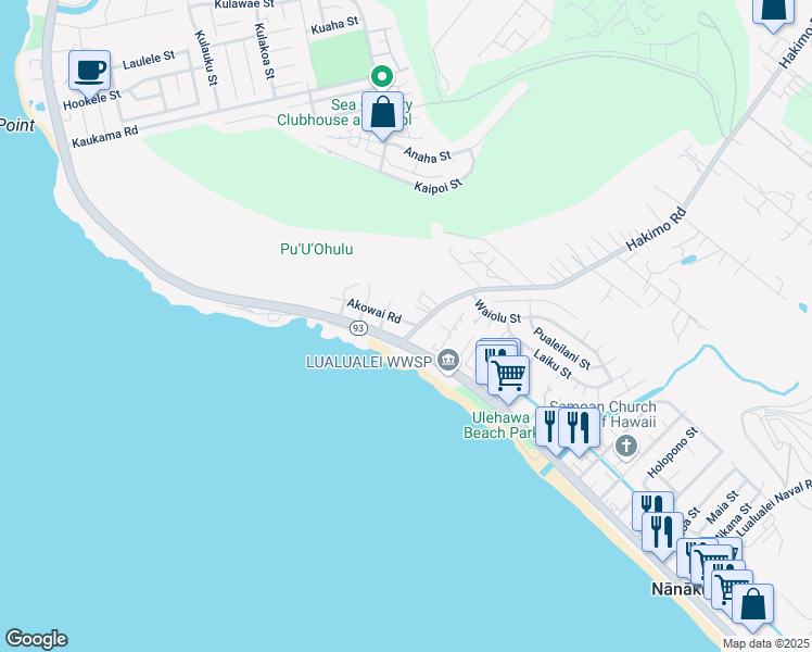 map of restaurants, bars, coffee shops, grocery stores, and more near 87-1485 Akowai Road in Waianae