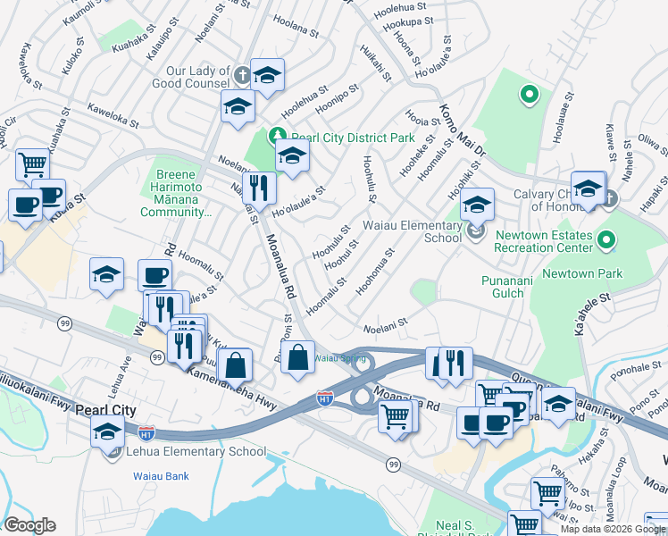 map of restaurants, bars, coffee shops, grocery stores, and more near 1341 Hoohui Street in Pearl City