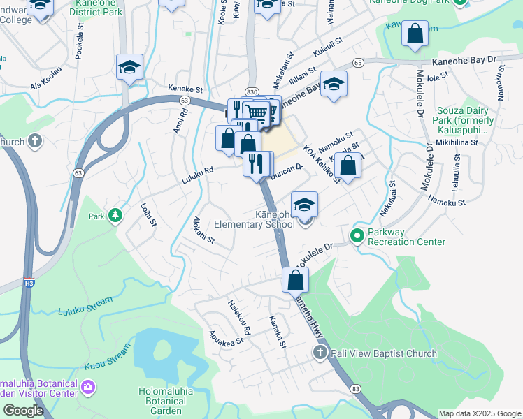 map of restaurants, bars, coffee shops, grocery stores, and more near 45-520 Kuuipo Place in Kaneohe