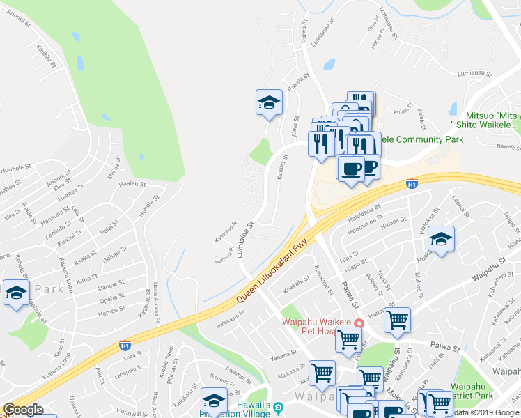 map of restaurants, bars, coffee shops, grocery stores, and more near 94-600 Lumiaina Street in Waipahu