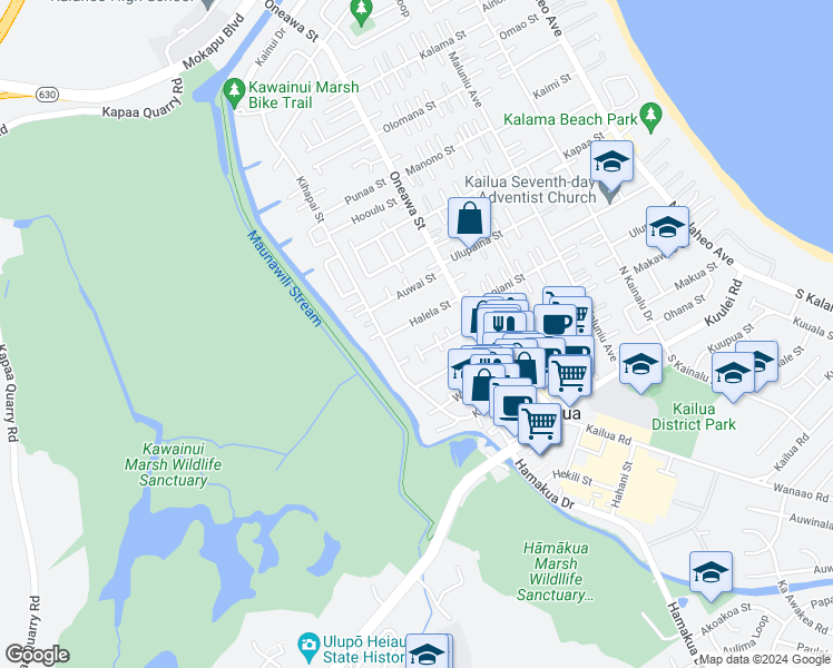map of restaurants, bars, coffee shops, grocery stores, and more near 611 Halela Street in Kailua