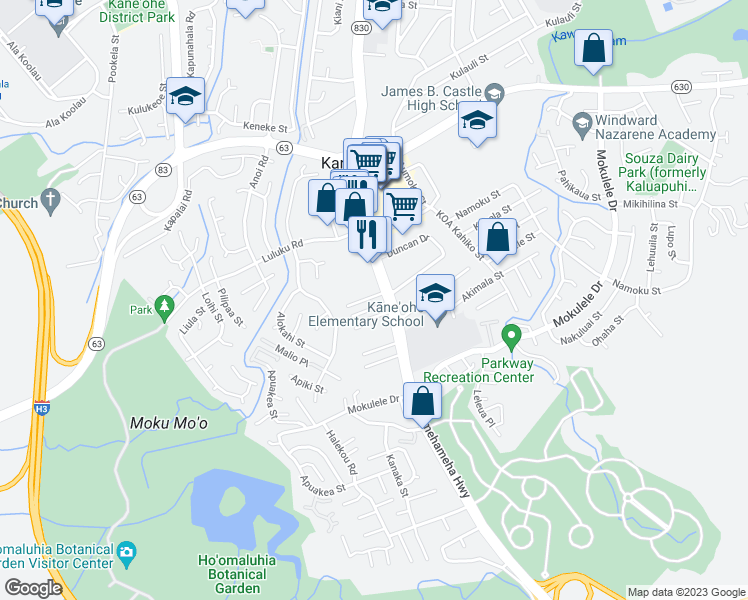 map of restaurants, bars, coffee shops, grocery stores, and more near 45-520 Kuuipo Place in Kaneohe
