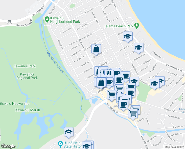 map of restaurants, bars, coffee shops, grocery stores, and more near 528 Kipuka Place in Kailua