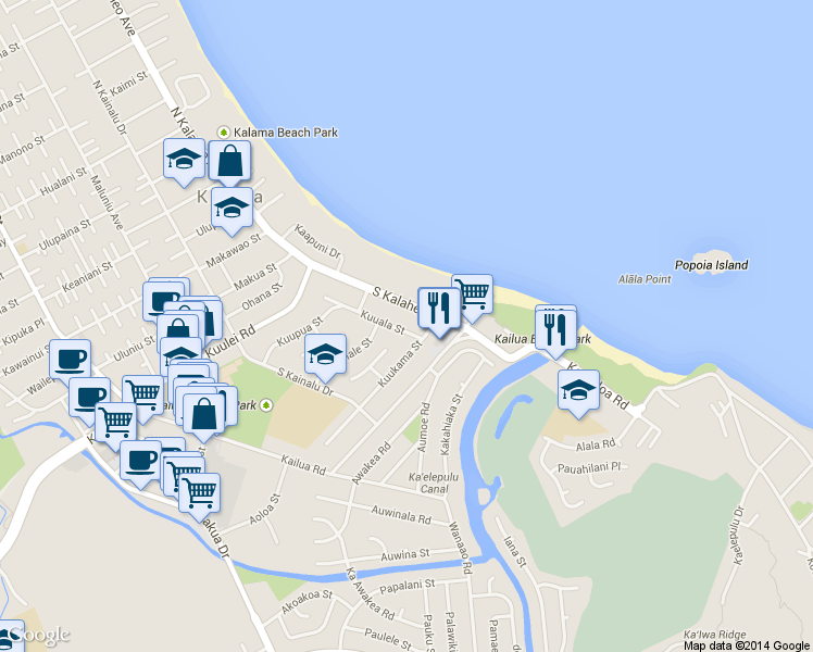 map of restaurants, bars, coffee shops, grocery stores, and more near 166 Kuuala Street in Kailua