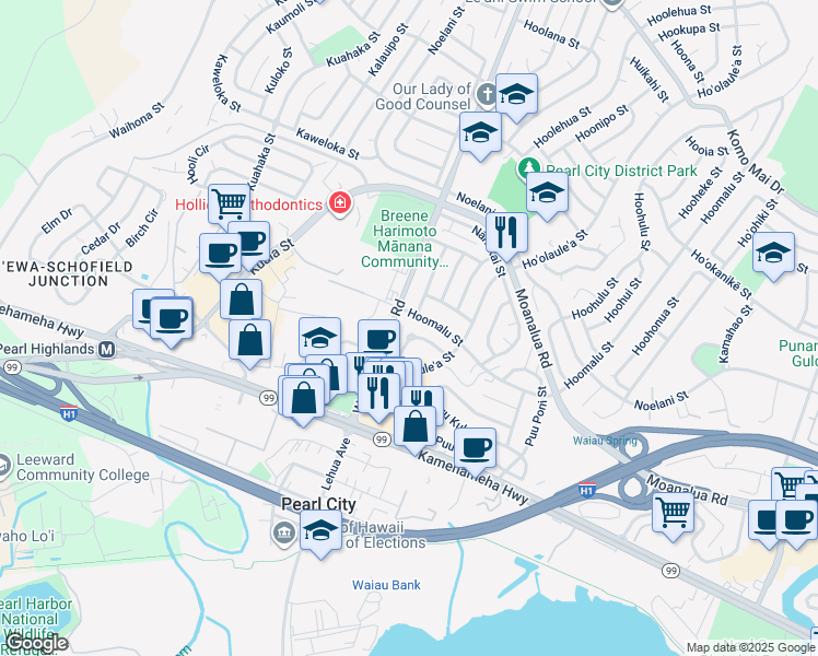 map of restaurants, bars, coffee shops, grocery stores, and more near 1150 Hookahi Street in Pearl City