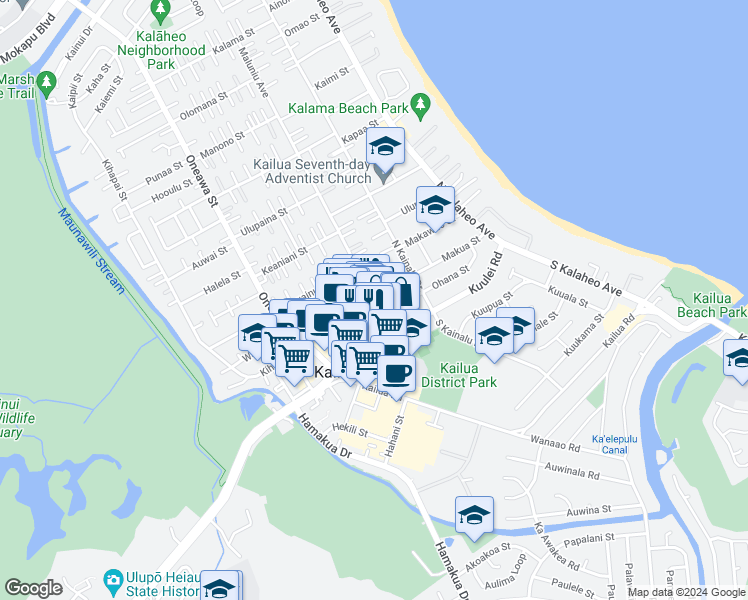 map of restaurants, bars, coffee shops, grocery stores, and more near 101 Maluniu Avenue in Kailua