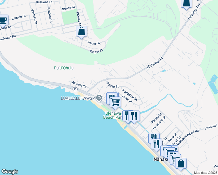 map of restaurants, bars, coffee shops, grocery stores, and more near 87-406 Ponahakeone Place in Waianae