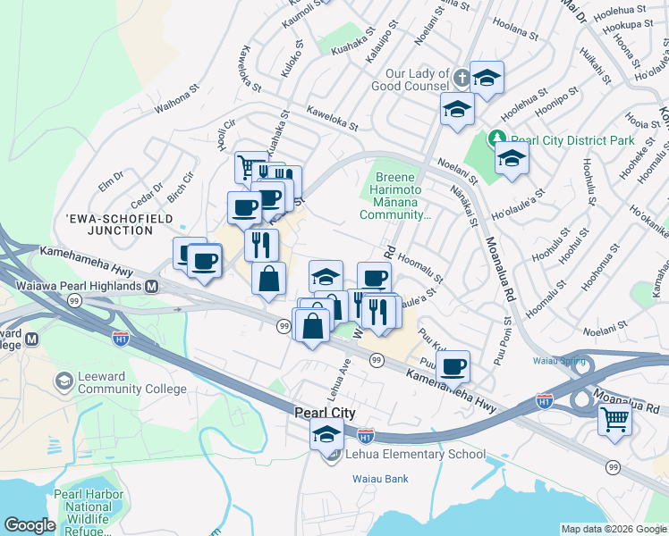 map of restaurants, bars, coffee shops, grocery stores, and more near 1150 Aikoo Place in Pearl City