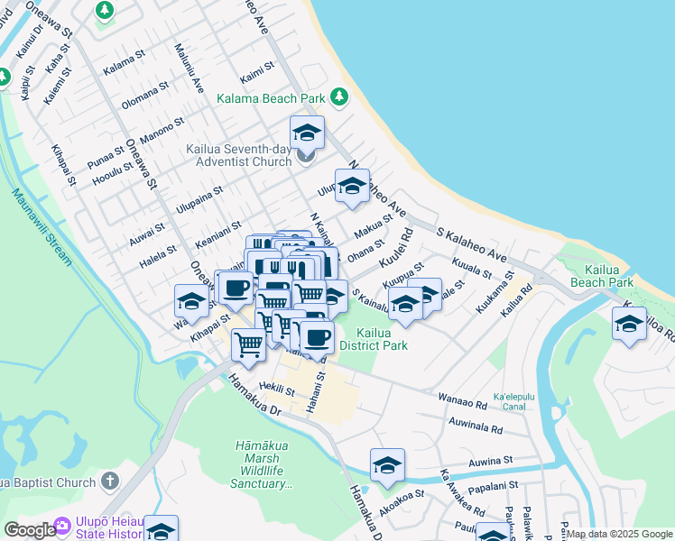 map of restaurants, bars, coffee shops, grocery stores, and more near 19 North Kainalu Drive in Kailua