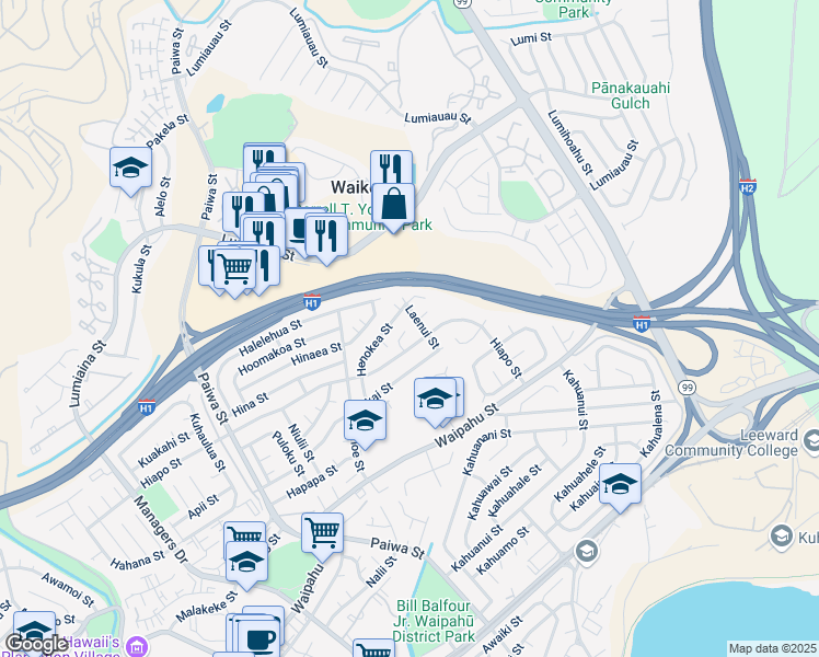map of restaurants, bars, coffee shops, grocery stores, and more near 94-1345 Hiapo Place in Waipahu