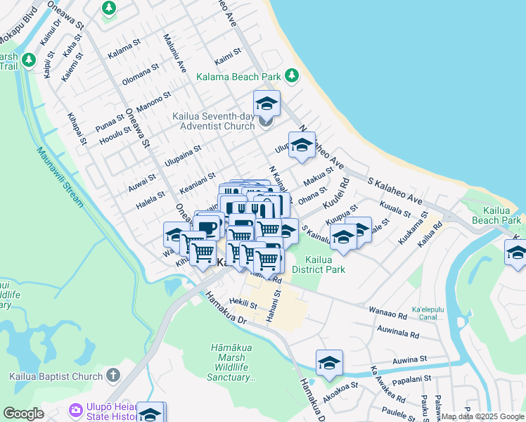 map of restaurants, bars, coffee shops, grocery stores, and more near 54 Maluniu Avenue in Kailua