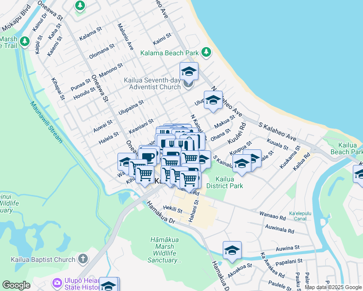 map of restaurants, bars, coffee shops, grocery stores, and more near 54 Maluniu Avenue in Kailua