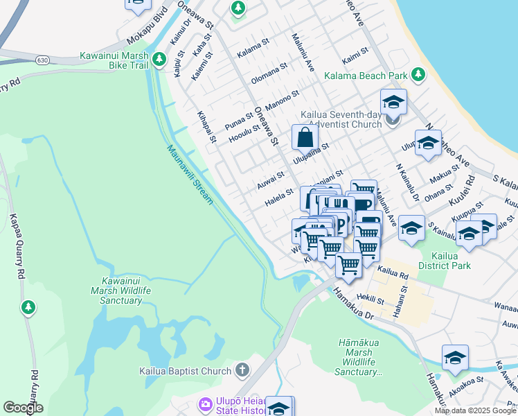 map of restaurants, bars, coffee shops, grocery stores, and more near 617 Halela Street in Kailua