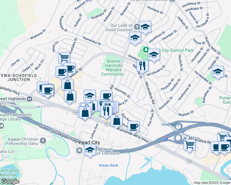 map of restaurants, bars, coffee shops, grocery stores, and more near 1150 Hookahi Street in Pearl City