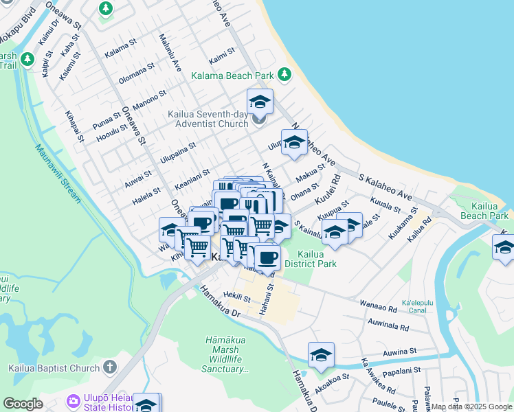 map of restaurants, bars, coffee shops, grocery stores, and more near 54 Maluniu Avenue in Kailua