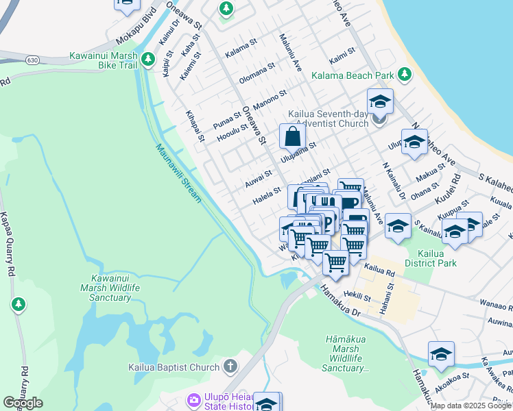 map of restaurants, bars, coffee shops, grocery stores, and more near 617 Halela Street in Kailua