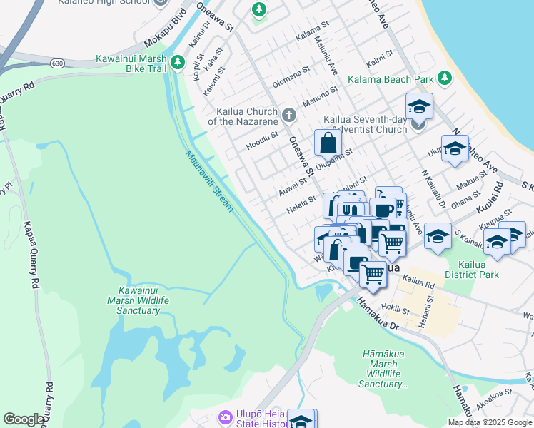 map of restaurants, bars, coffee shops, grocery stores, and more near 309 Kihapai Street in Kailua