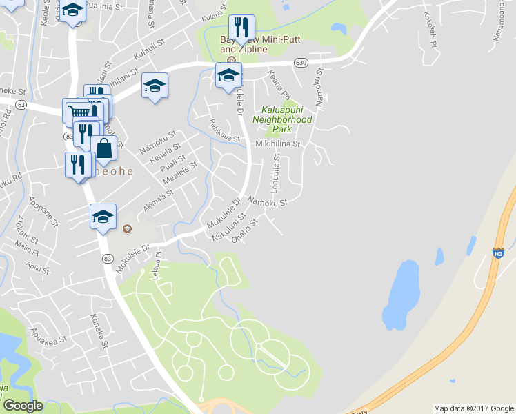 map of restaurants, bars, coffee shops, grocery stores, and more near 45-186 Namoku Street in Kaneohe