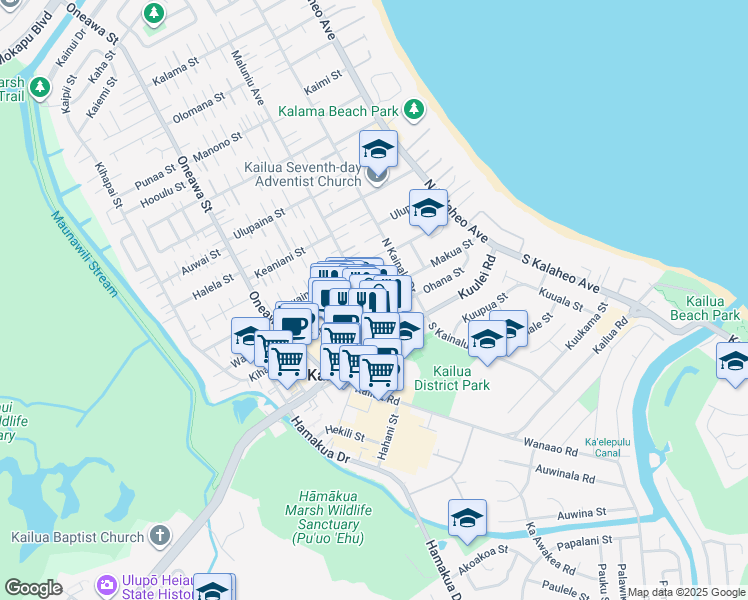 map of restaurants, bars, coffee shops, grocery stores, and more near 54 Maluniu Avenue in Kailua